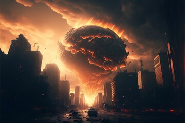 AI-generated illustration of the collapse of the city because of the celestial body