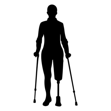 Silhouette Of A Disabled Girl With Prosthetic Leg. Vector Illustration Isolated On White Background.