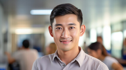 Fototapeta premium Asian businessman in casual wear in nice modern office. Concept of success in business. Ai generative.