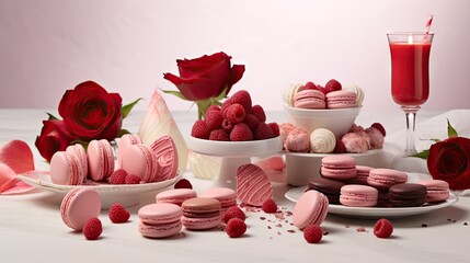  a table topped with pink and red macaroons next to a bowl of raspberries and a glass of red wine.  generative ai