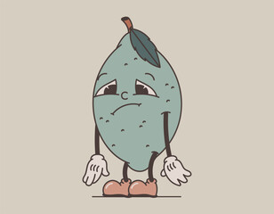 Funny groovy retro character. Sad upset lime. Vector isolated fruit, old cartoon style.