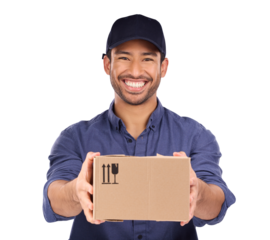 Delivery man, box and courier service for logistics, stock and retail supply chain or shipping in portrait. Asian worker giving package or mail to POV customer isolated on transparent PNG background