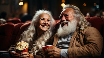 Happy senior couple enjoying cinema entertainment together and eating popcorn
