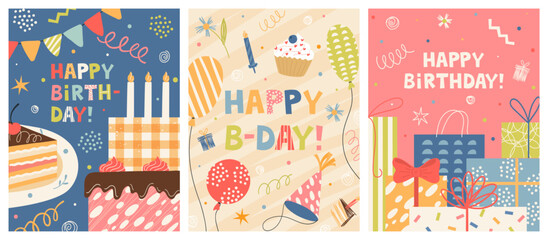 Happy birthday greeting card festive design isolated set