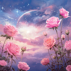 Obraz premium Fantasy magical morning or evening sky with fabulous romantic pink rose flowers garden, shining stars and mysterious clouds Illustration, Generative Ai