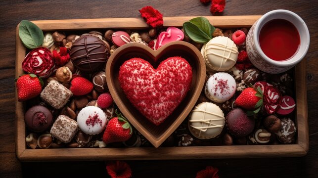  a wooden box filled with assorted chocolates and a heart shaped cookie next to a cup of red tea.  generative ai