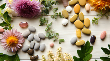 Obraz na płótnie Canvas Natural Wellness: Flat Lay of Dietary Supplements with Herbs and Flowers