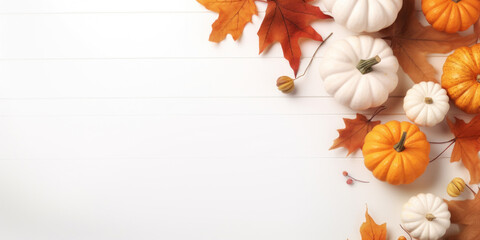 Autumn cozy composition with white pumpkins, autumn leaves on white background.