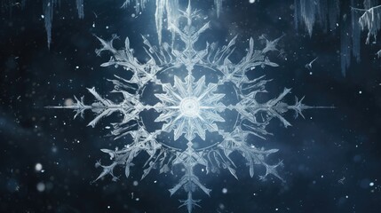  a close up of a snowflake with icicles hanging off of it's sides and snow flakes hanging off of it's sides.  generative ai