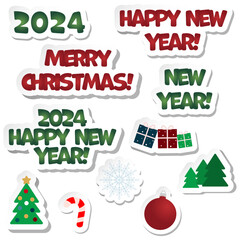 Set of New Year stickers isolated on a white background. Colored New Year Christmas lettering, objects and 2024
