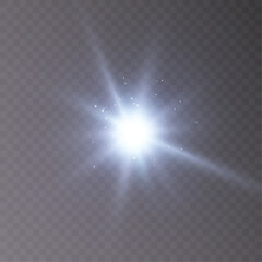 White glowing light explodes on a transparent background. Bright Star. Transparent shining sun, bright flash. Vector graphics.	