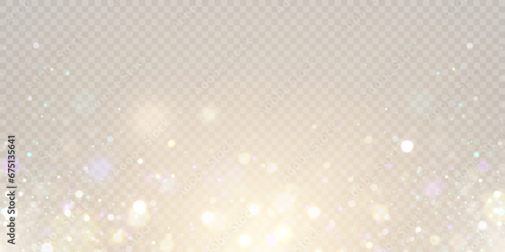 Aufkleber Gold dust light bokeh. Christmas glowing bokeh and glitter overlay texture for your design on a transparent background. Golden particles abstract vector background.	
