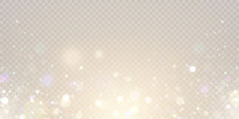 Gold dust light bokeh. Christmas glowing bokeh and glitter overlay texture for your design on a transparent background. Golden particles abstract vector background.	 - obrazy, fototapety, plakaty