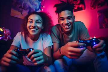 selective focus diverse shot of two happy kids playing games console together