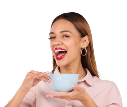 Happy, portrait and woman with coffee on isolated, transparent and png background. Face, smile and lady model excited for tea, matcha or hot chocolate, espresso or cappuccino with me time latte break - Powered by Adobe