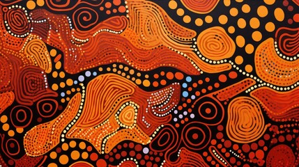 Naklejka premium a painting of orange and red swirls and dots on a black background with a white dot in the middle of the painting. generative ai