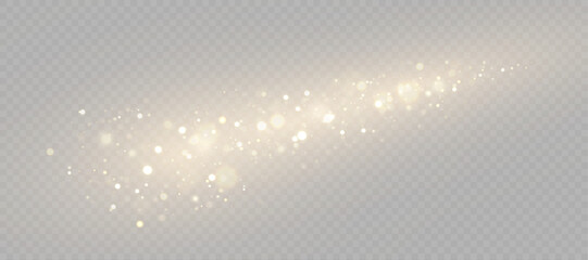 Gold dust light bokeh. Christmas glowing bokeh and glitter overlay texture for your design on a transparent background. Golden particles abstract vector background.	