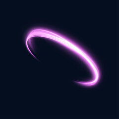 Dynamic purple lines with glow effect. Rotating shiny rings. Abstract sparkling whirlpool, wave of light.