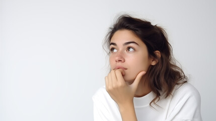 A female artist looks to the left in a thinking pose