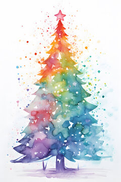 Watercolor drawing style of colorful Christmas tree with star shaped tree topper on white background