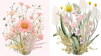 Fine and intricate botanical illustration of flowers, leaves and plants in risograph style.