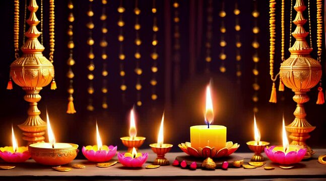 Happy Diwali luxury diya lamp and candle. India festival of lights holiday 