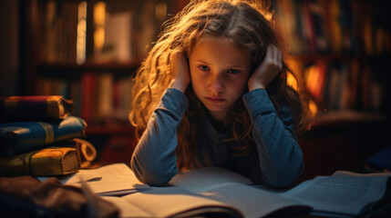 A frustrated girl struggling with learning disabilities - obrazy, fototapety, plakaty