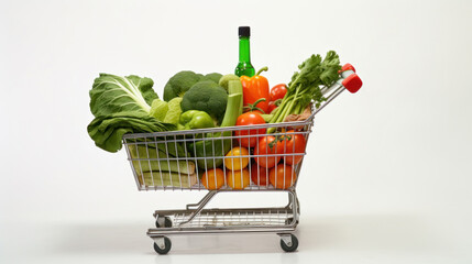 Shopping basket with vegetables on white background
