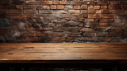 Empty wooden table and brick wall in background. - obrazy, fototapety, plakaty