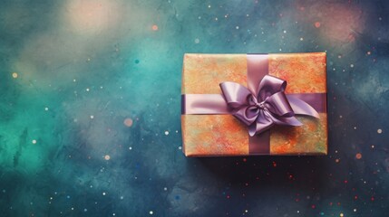 Top view of Happy New Year gift box on colorful watercolor background - obrazy, fototapety, plakaty