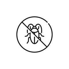 No insects line icon sign symbol isolated on white background. Cockroach prohibition line icon