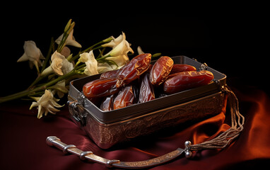 Dates in a Metal Gift Box on Maroon Ground