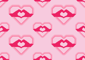 Seamless pattern in the shape of fingers showing love. Arranged alternately on a pink background.