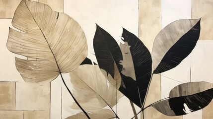  a painting of a bunch of leaves in front of a wooden wall with a white brick wall in the background.  generative ai