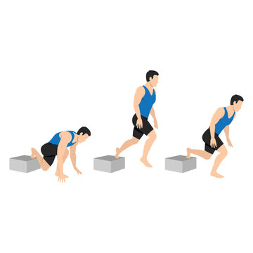 Man doing plyometric bulgarian split squat exercise. Flat vector illustration isolated on white background