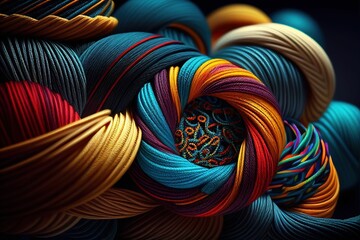 AI generated illustration of a colorful pile of multicolored knitted shiny fabrics