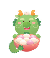 Cute dragon character or mascot, glutinous rice dumpling with glutinous rice balls for Lantern Festival or Winter Solstice, Asian sticky rice sweet food, vector cartoon style