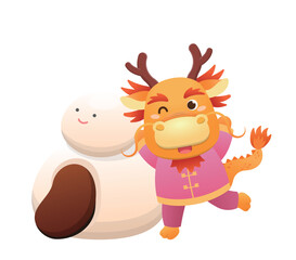 Cute and playful dragon character or mascot with glutinous rice balls for Lantern Festival or Winter Solstice, Asian sticky rice sweet food, vector cartoon style