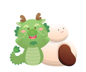 Cute dragon character or mascot, glutinous rice dumplings for Lantern Festival or Winter Solstice, Asian sweet with sticky rice and red bean filling, vector cartoon style