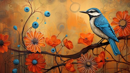  a painting of a blue bird perched on a branch with orange and blue flowers on a yellow and orange background.  generative ai