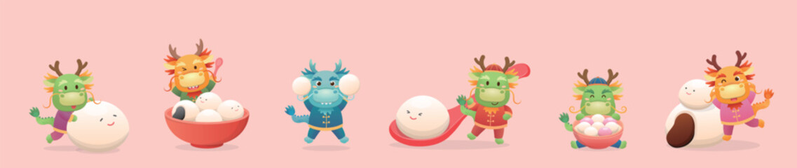 Set of cute dragon characters or mascots with glutinous rice balls for Lantern Festival or Winter Solstice, Asian sticky rice sweets with flavors and fillings, vector cartoon style