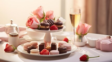  a white table topped with a plate of desserts and a glass of champagne next to a vase of roses.  generative ai