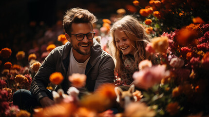 A happy man and girl laugh together among bright