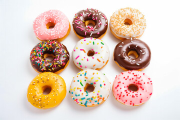 Many delicious donuts on white background. Chocolate and glazed decorated frosted doughnuts. Freshly baked with love. Donuts for you.