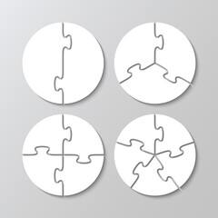 Puzzle details with 2, 3, 4 and 5 pieces. Cutting templates collection with details. Set of circle jigsaw grids. Scheme for thinking game. Simple mosaic background. Frame tiles. Vector illustration