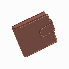 Closed brown wallet. Leather accessory for saving money, cash and credit cards. Hand drawn vector vector illustration isolated on white background. Modern flat cartoon style.