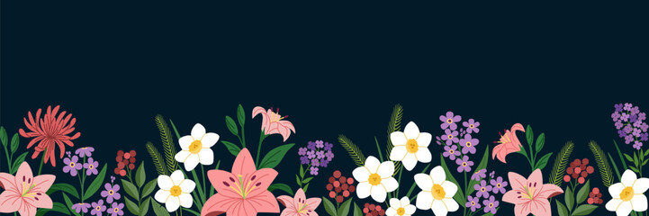 Floral banner. Horizontal border with beautiful plants. Blooming spring flowers. Hand drawn vector illustration isolated on black background. Modern flat cartoon style.