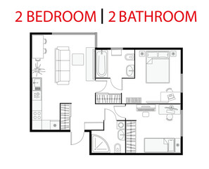 Plan floor apartment. Studio, condominium. Two bedroom layout floor plan. Interior design elements kitchen, bedroom, bathroom with furniture. Vector floorplan living room. Blueprint architectural plan