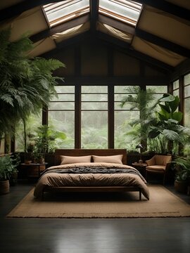 A dark bedroom setting. The bed is a luxurious king. The  brown comforter is pulled back, tan sheets. Luxuriant pillows. Ferns drop down from above. The ceiling is dark. 