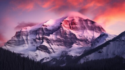  a mountain covered in snow and surrounded by trees under a pink and purple sky with clouds in the foreground.  generative ai